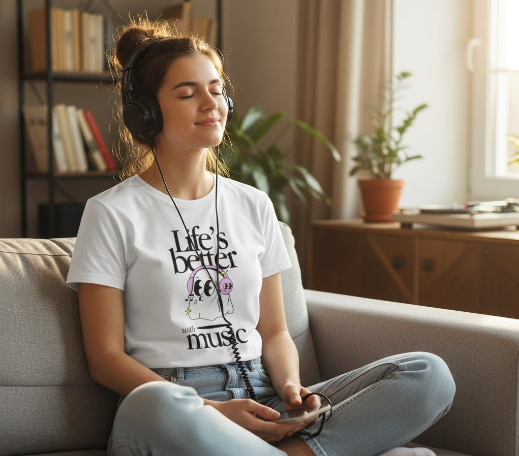 Abbigliamento T-Shirt in poliestere (Cotton Touch) "Life is better with music"
